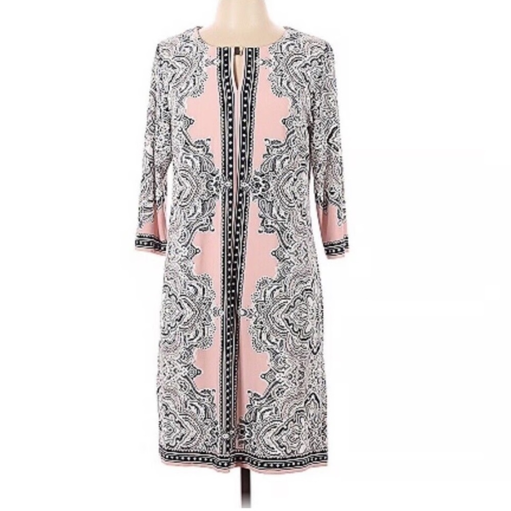 Sandra Darren Pink/white and Black Patterned Dress keyhole detail 10 petite EUC!